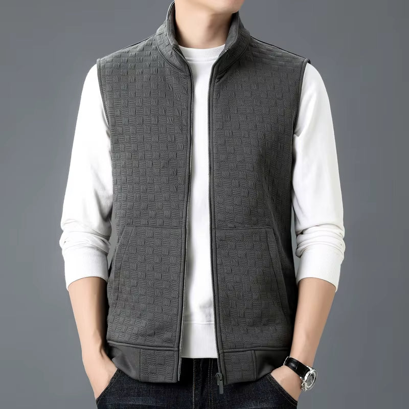 Checkered knit vest with fleece lining, breathable cotton-blend, versatile layering piece for everyday wear