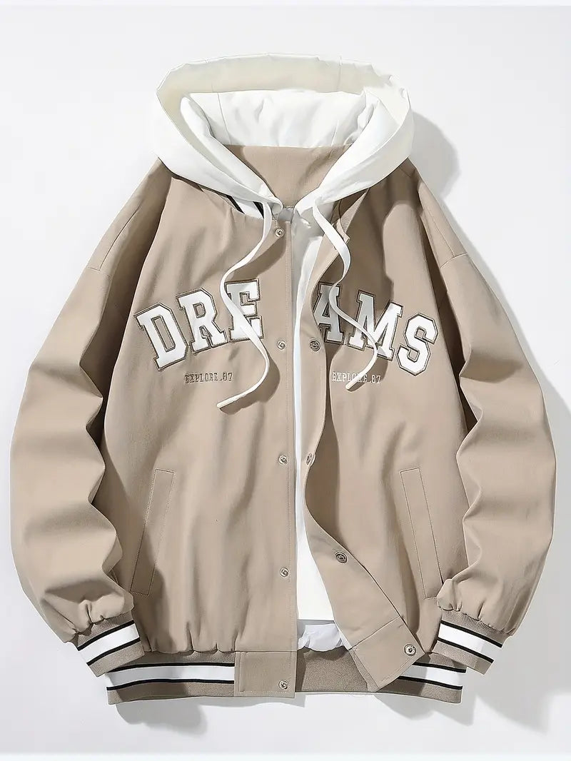 Black hoodie bomber jacket for men streetwear cut layered hood windproof hem embroidered varsity design