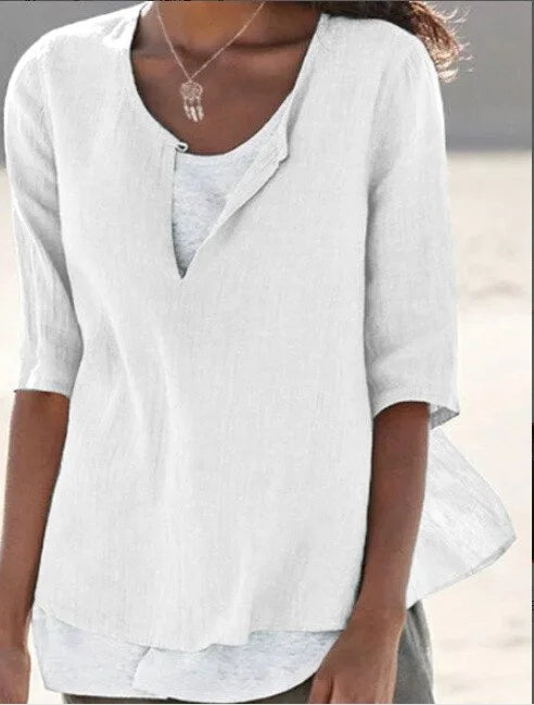 Women's layered casual blouse split neckline breezy lightweight double-layer silhouette effortless style