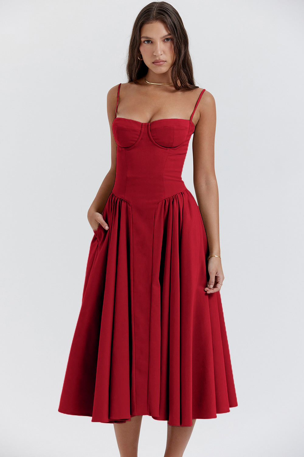 Natalie pleated midi dress slim straps flared skirt hidden pockets elegant spring style