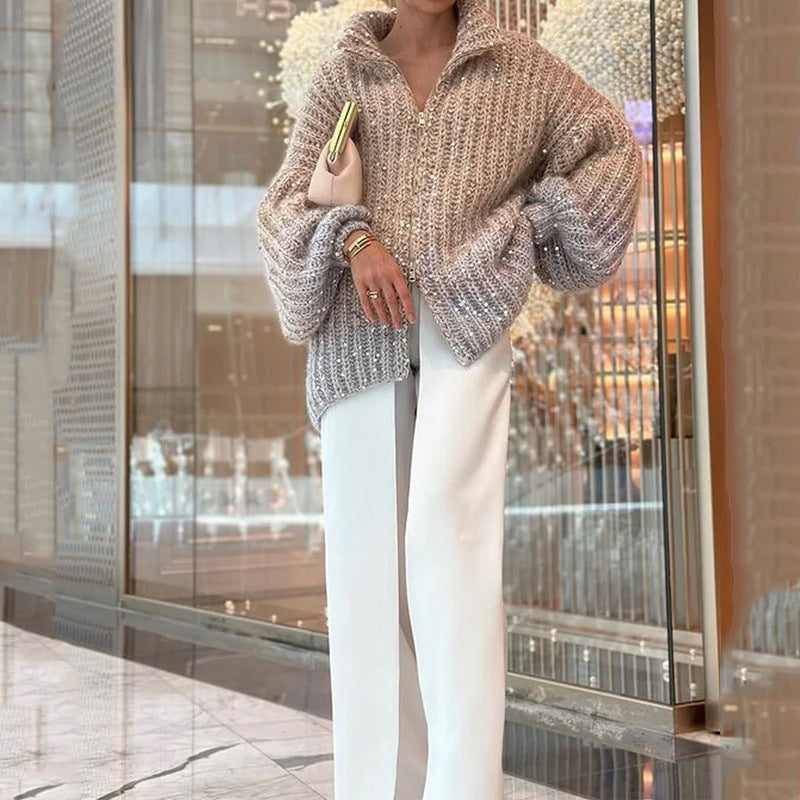 Women's sequined V-neck knit sweater, glam casual retro style with stretchy polyester and subtle sparkle
