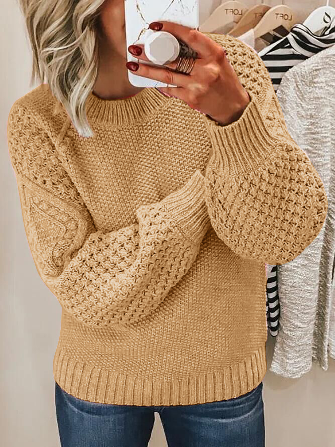 Women's loose jacquard knit crew neck sweater in cozy thick knit for casual fall winter style