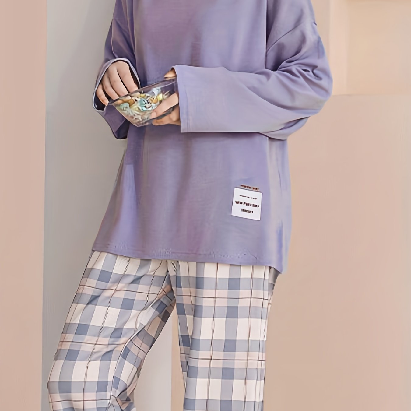 Women's two-piece pajama set short sleeve top loose checked pants lightweight comfortable sleepwear