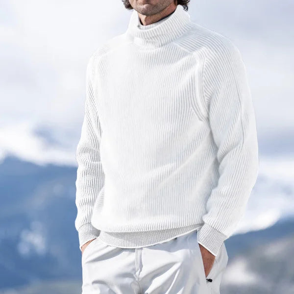 Men's chunky knit turtleneck sweater in neutral winter tones with high neckline for layering