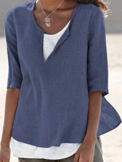 Women's layered casual blouse with split neckline, breezy double-layer silhouette for effortless spring style