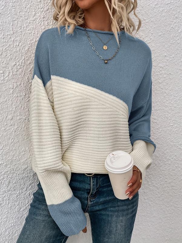 Women's colorblock knit sweater relaxed fit with bold diagonal pattern in soft warm tones