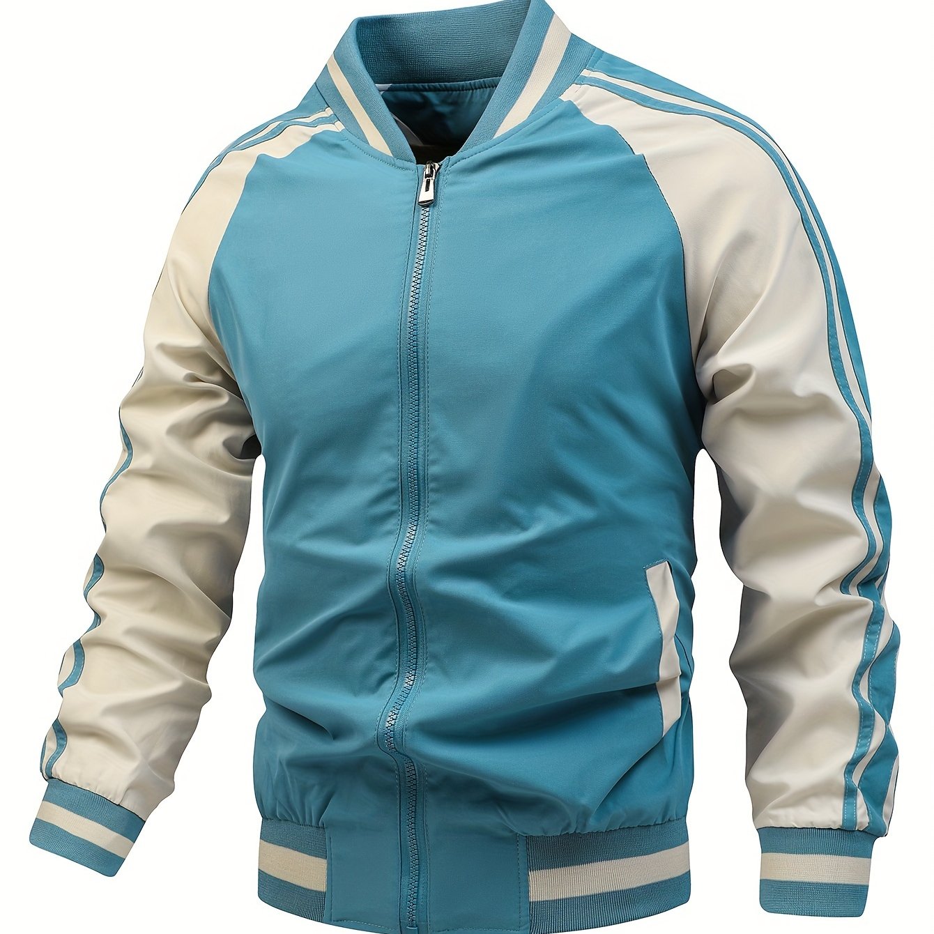 Men's striped bomber jacket with baseball collar and cross belt print, sporty casual outerwear