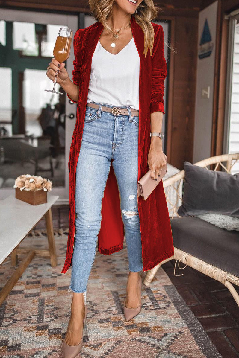 Women's soft velvet open-front cardigan, luxurious long layering essential for everyday elegant style