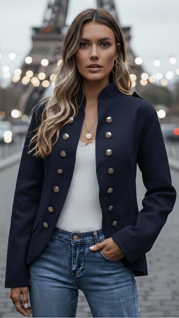 Burgundy velvet women's blazer with gold buttons, military-inspired structured shoulders, regal elegant fit