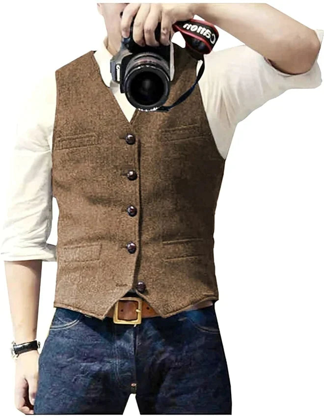 Men's blue denim blazer vest V-neck sleeveless smart casual layer for office and weekend
