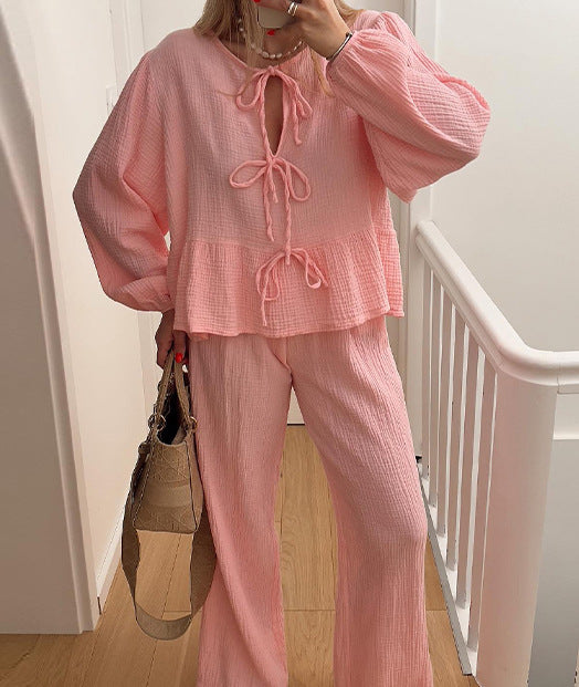 Women casual white cotton two-piece set lace-up top and matching pants for spring summer