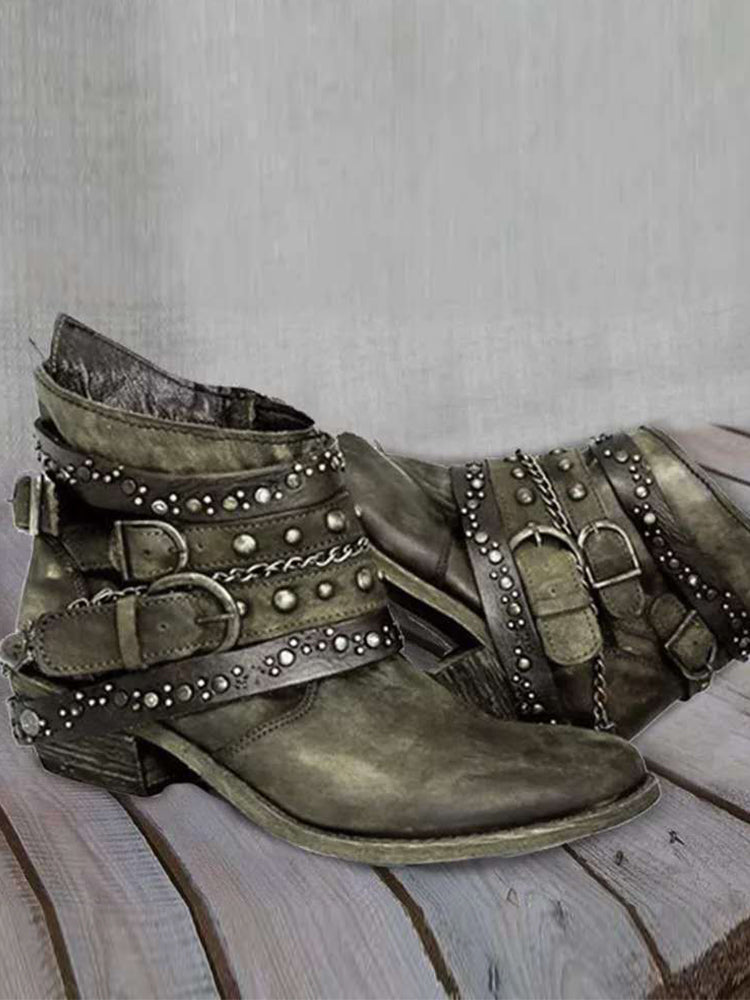 Women's vintage washed leather ankle boots low heel with studded buckles in brown