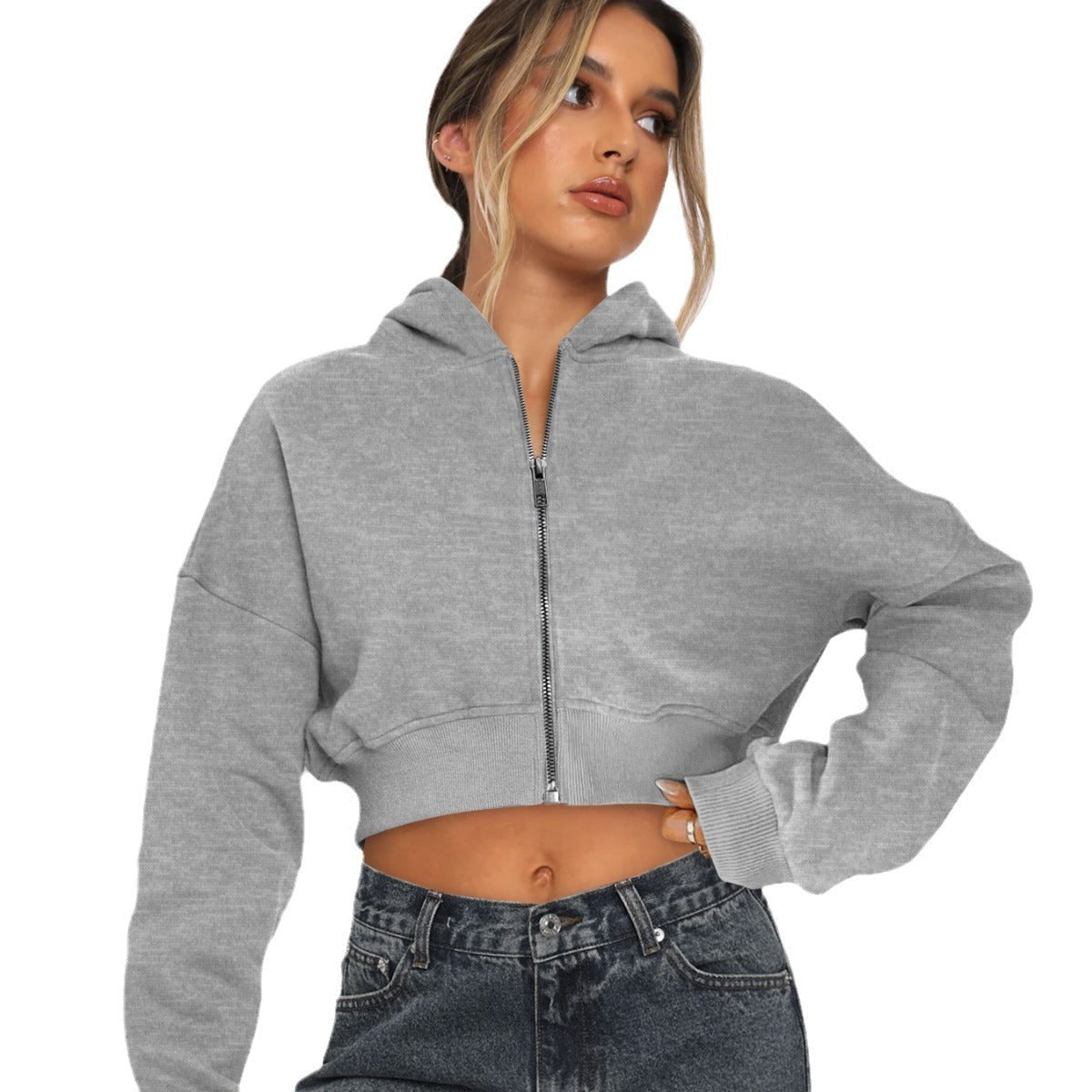 Women's cropped fleece zip hoodie in soft fabric, waist-defining streetwear style with front zipper