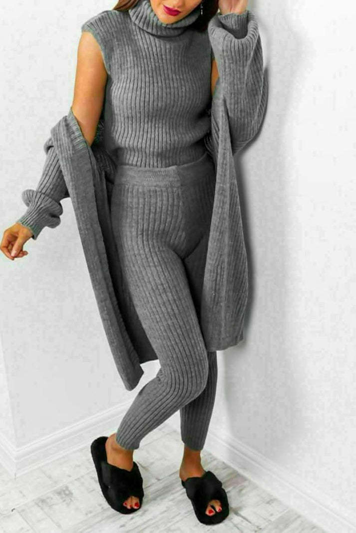 Women's 3-piece knit loungewear set turtleneck sweater chunky knit top matching pants cozy casual style