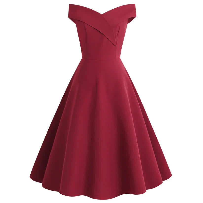 Esmée off-the-shoulder midi dress A-line silhouette retro elegant floral women's fashion