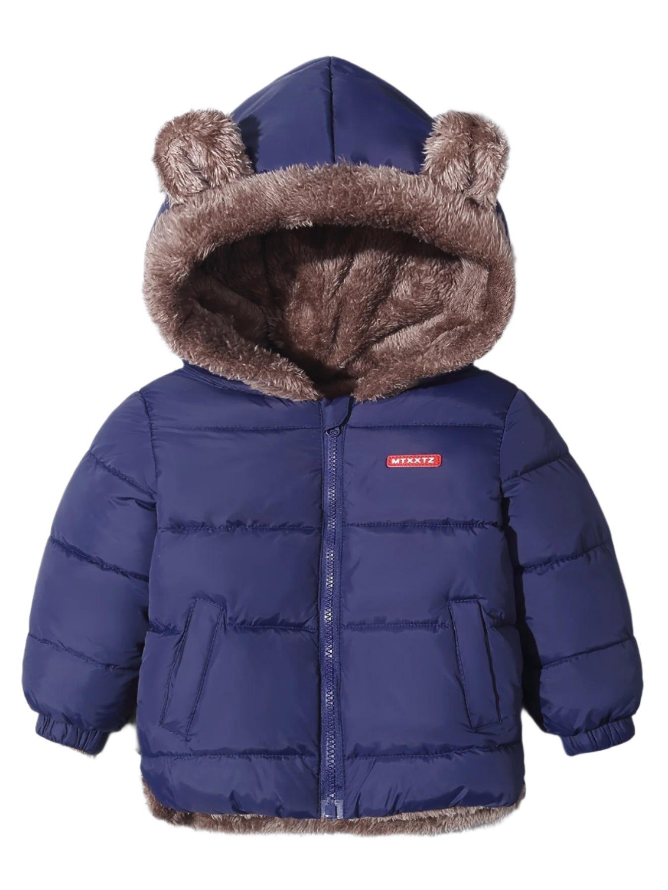Kids unisex lightweight winter coat with bear ear hood, soft lining, cozy warmth for cold adventures