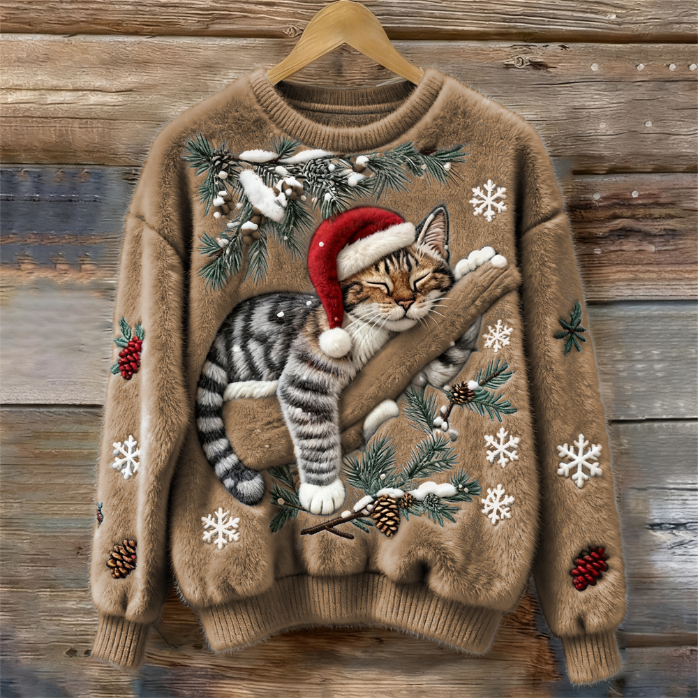 Cozy festive knit sweater featuring sleepy cat in Santa hat, soft warm relaxed fit for cat lovers