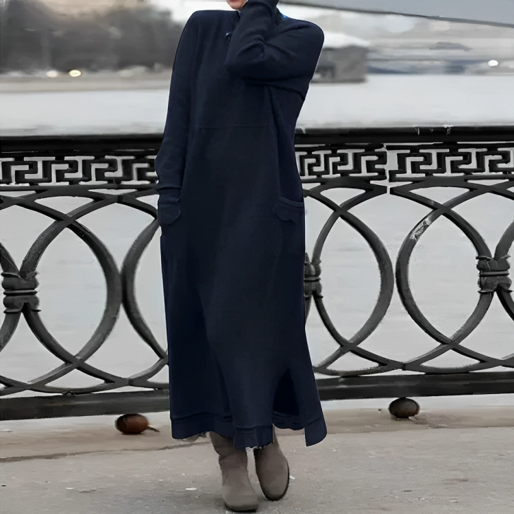 Women's charcoal knit maxi dress long sleeve draped silhouette high neckline side slit pockets