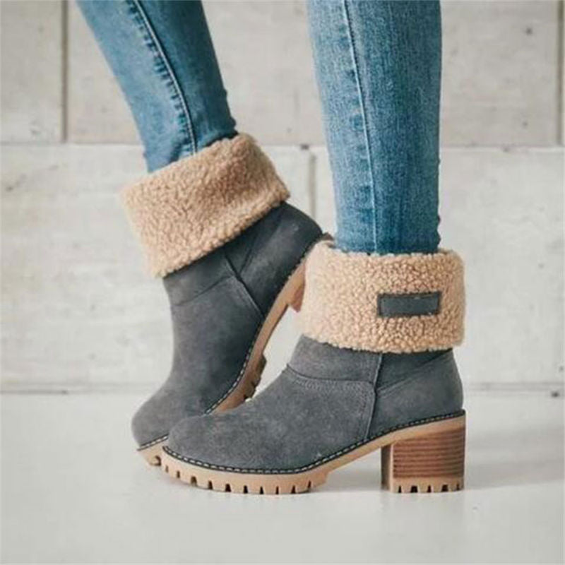 Women's suede look mid-height block heel boots with plush faux fur trim, non-slip sole