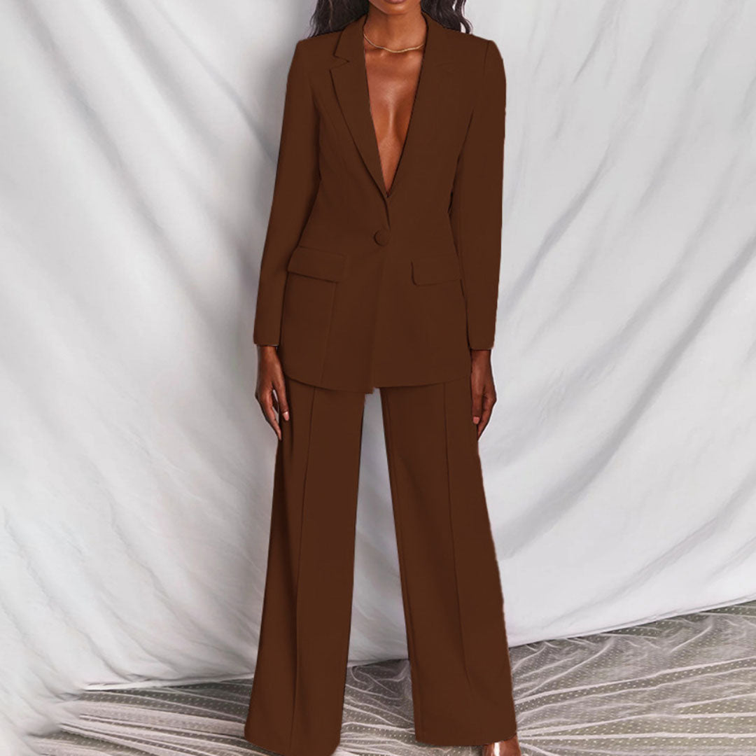 Women's tailored blazer and pants set elegant beige power suit coordinated professional outfit