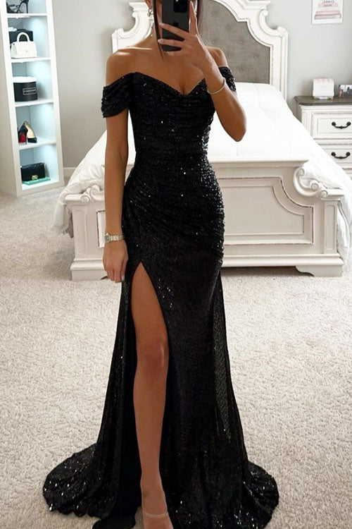 Women's silver sequin off-shoulder party dress with thigh-high slit, elegant evening glam fit