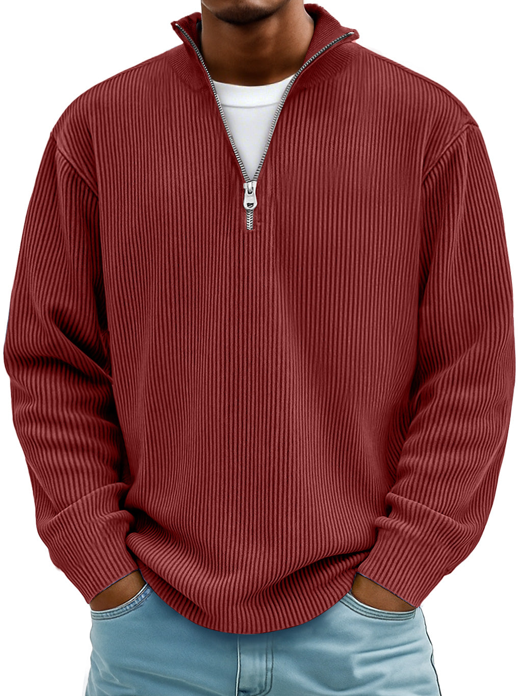 Men's ribbed half-zip winter sweater in neutral tone, modern slim fit with textured knit detail