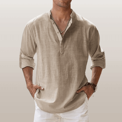 Men's linen blend Henley shirt, regular fit long sleeve, breathable casual style with button placket