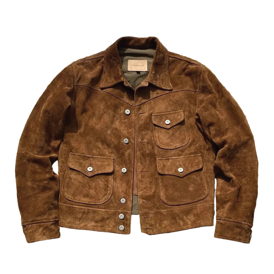 Camel brushed suede work jacket slim cut with dual structured front pocket flaps for professionals
