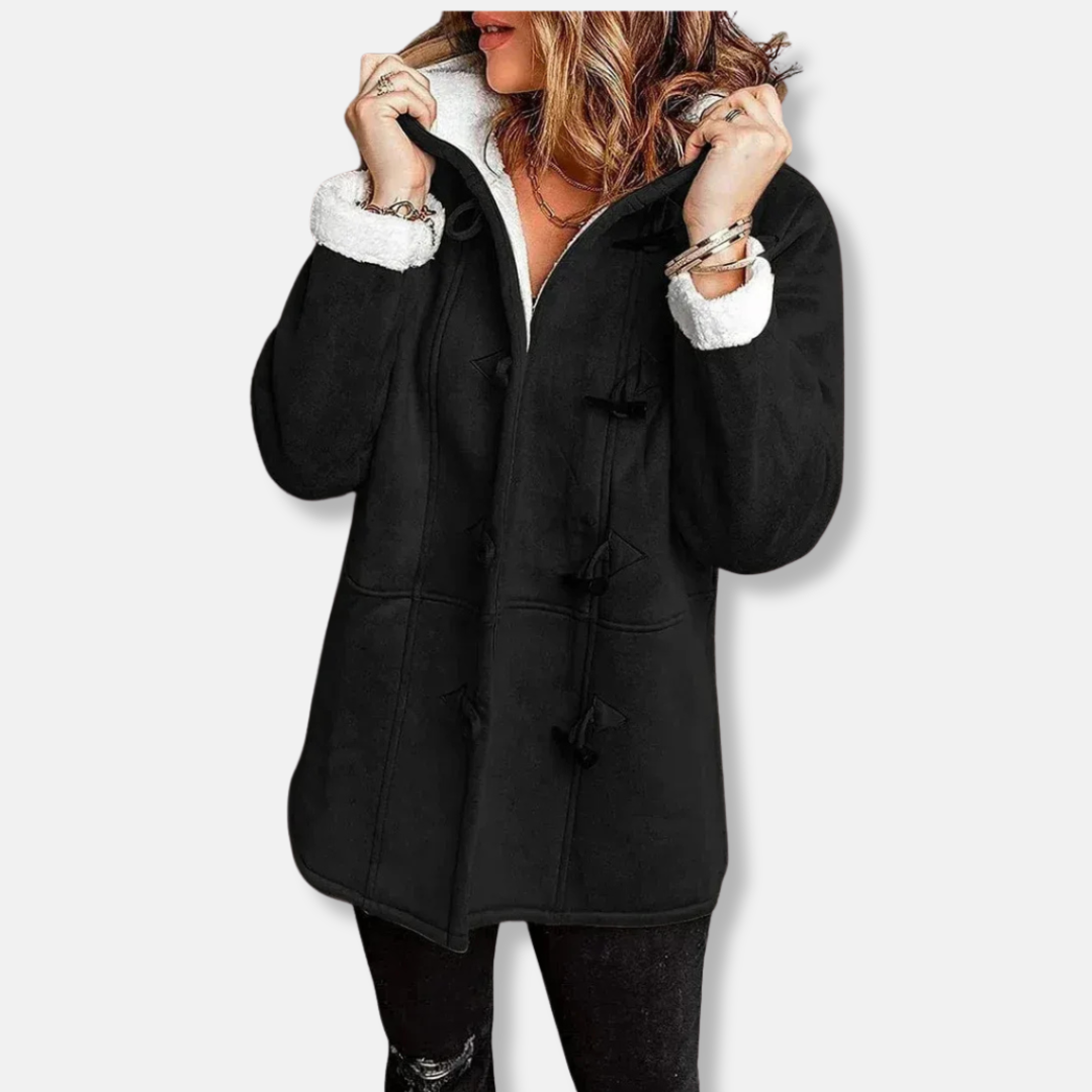 Women's fleece jacket with hood toggle closure, relaxed mid-length cut for cozy transitional warmth