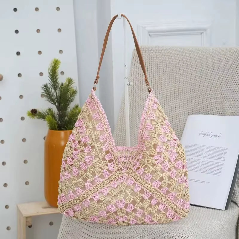 Handwoven crochet tote bag natural boho open-top carryall with fabric-lined interior for everyday use