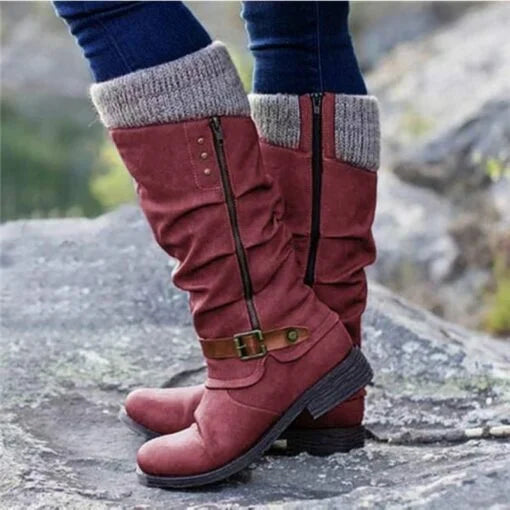 Women's knee-high boots with buckle detail, knit cuff, textured sole, and side zip closure