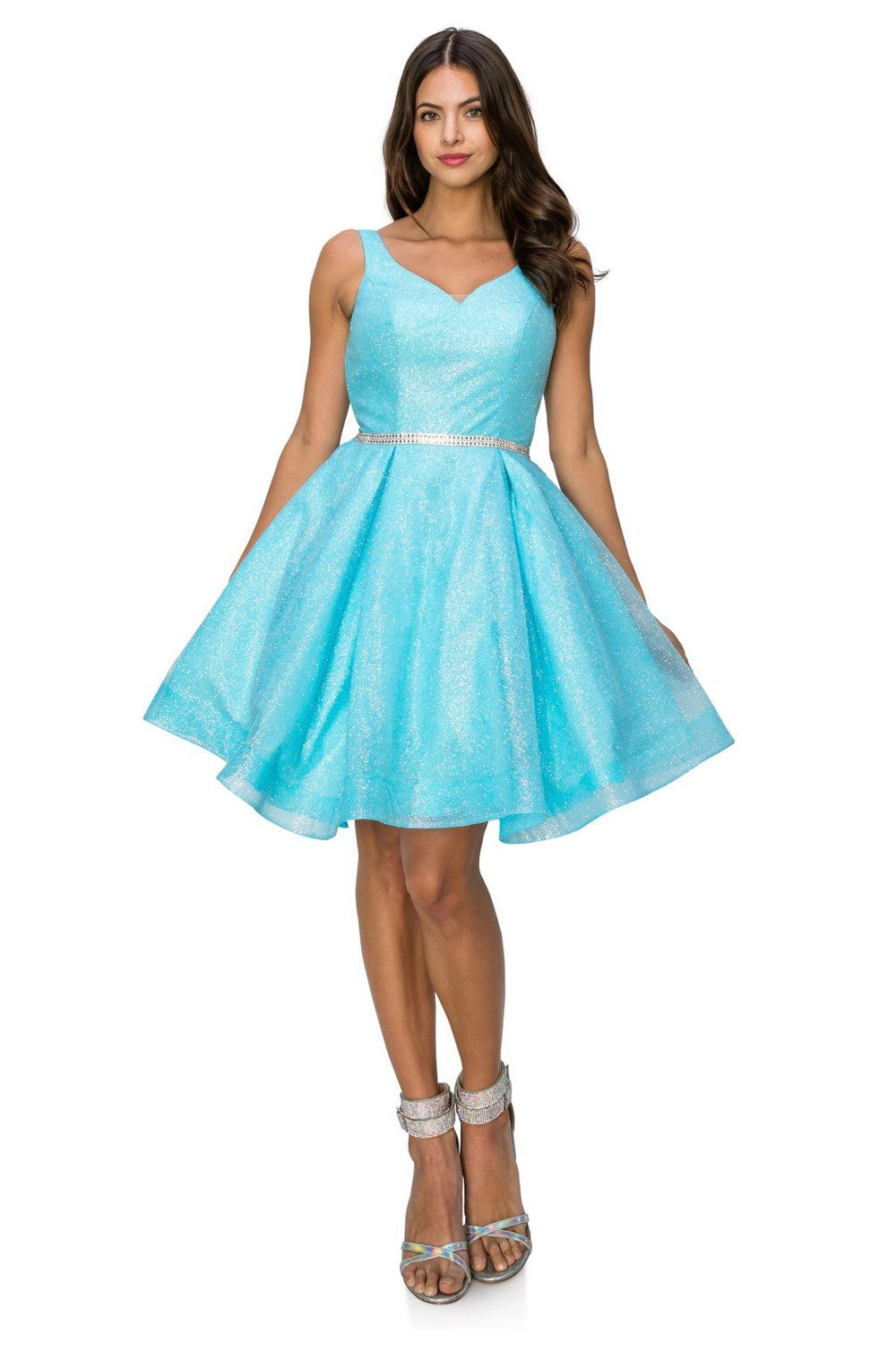 Girls glitter mesh A-line short prom dress with sparkling waistband and box-pleated skirt