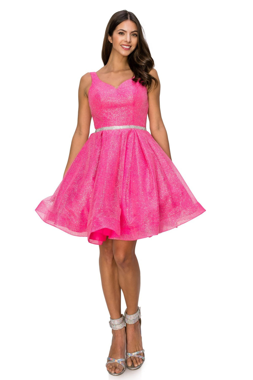 Girls glitter mesh A-line short prom dress with sparkling waistband and box-pleated skirt