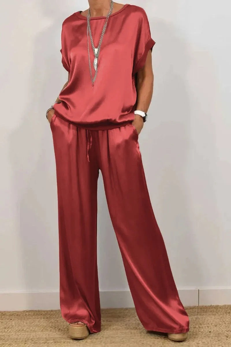Women's satin two-piece set minimalist casual chic short sleeve top long pant breathable polyester