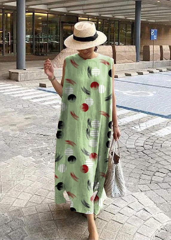 Bohemian linen-cotton blend midi dress with round neck, side slit, one-size relaxed fit