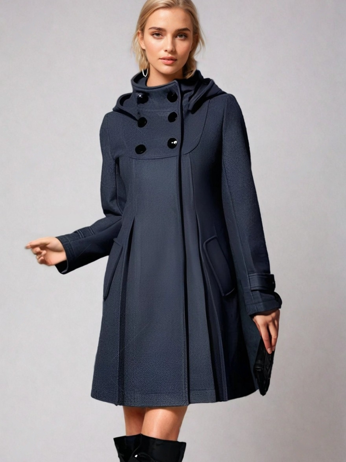 Women's mid-length hooded coat slightly flared silhouette everyday chic winter style structured hood