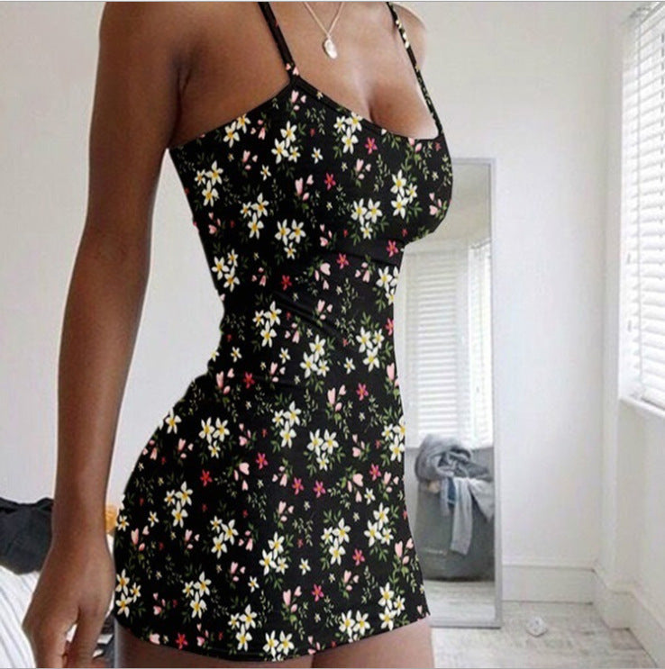 Pink floral bodycon mini dress with spaghetti straps, stretchy summer style for festivals and beach