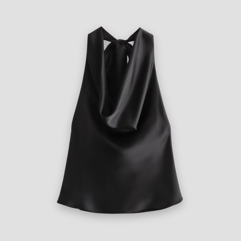 Women's satin halter top backless draped neckline sleek evening silhouette luxurious open back chic