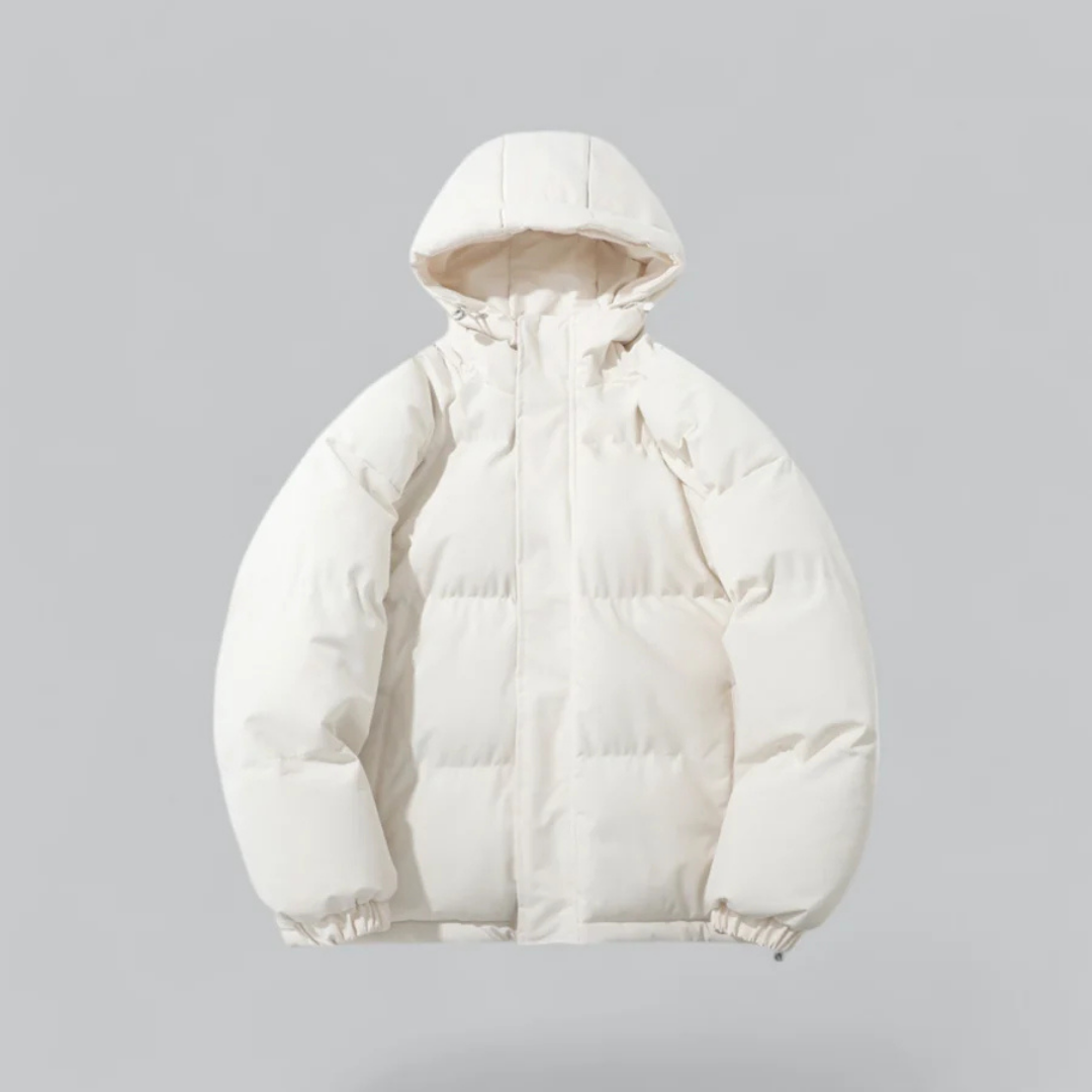 Unisex hooded puffer jacket black quilted insulated silhouette for cold urban winter style