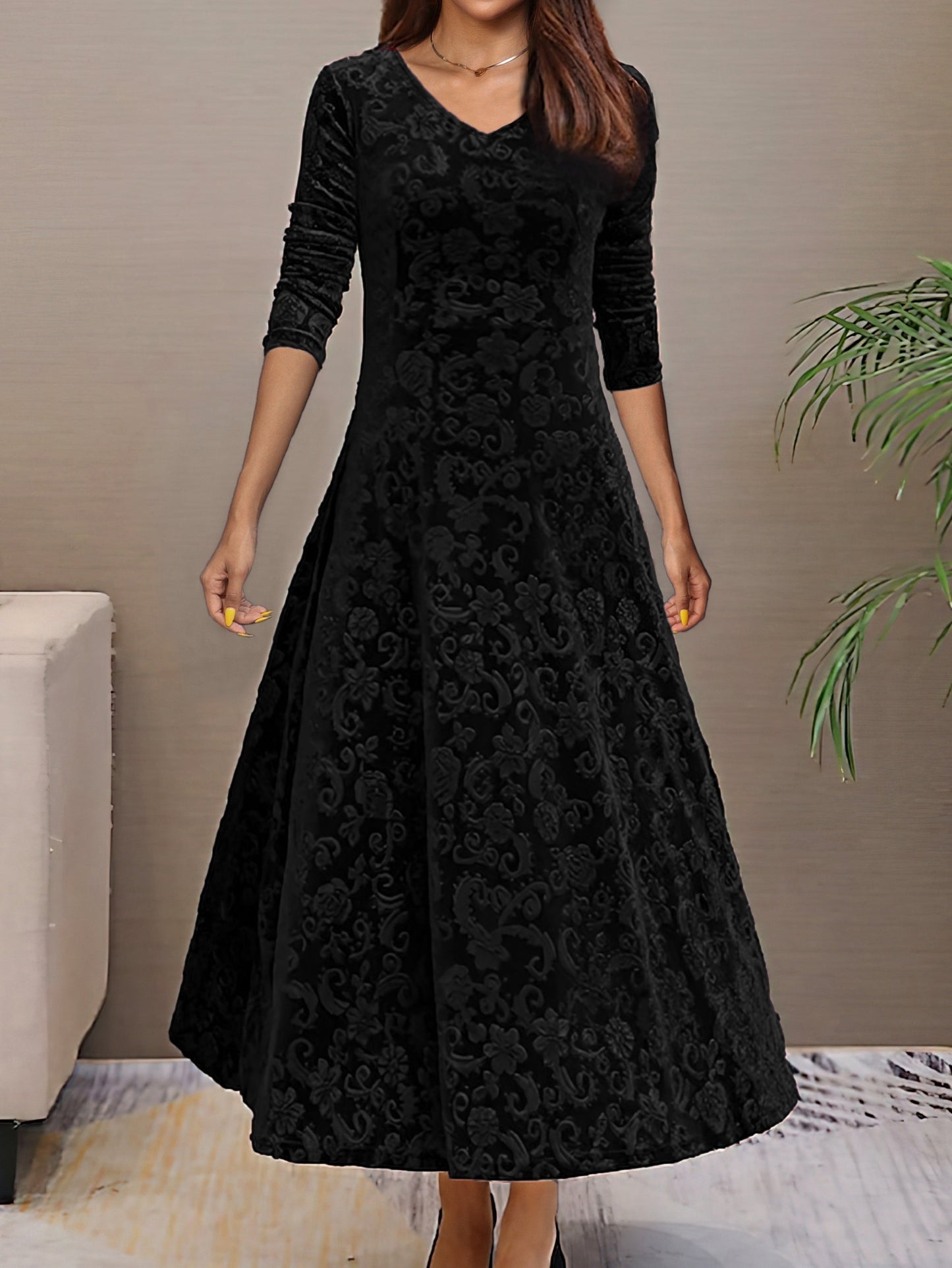 Women's burgundy velvet A-line evening dress with V-neck, three-quarter sleeves, and floral pattern