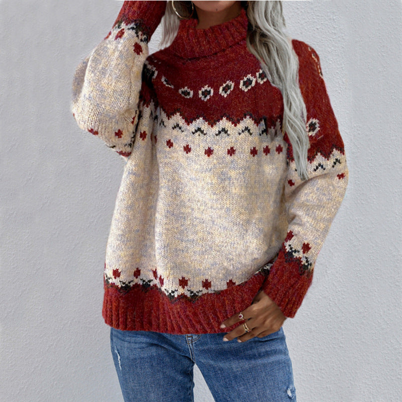Cream Norwegian knit sweater high collar jacquard Nordic pattern cozy cold weather style