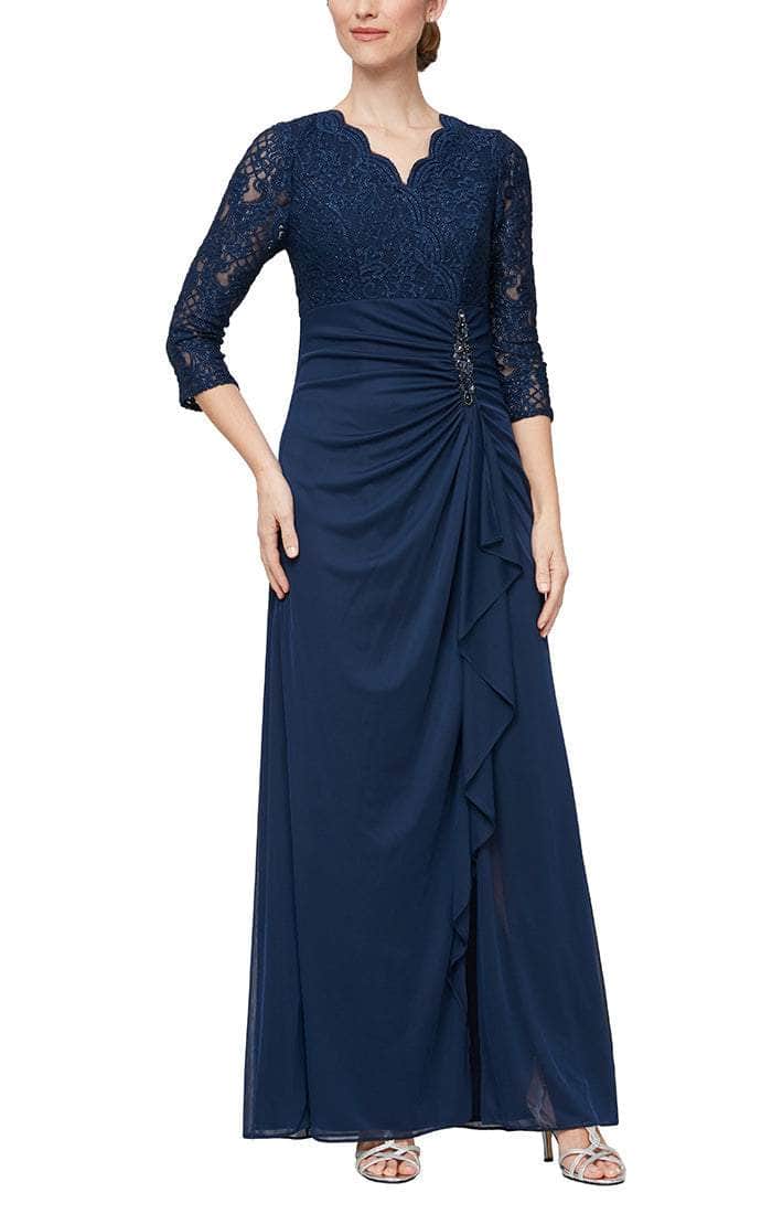 Eggplant A-line floor-length mother of the bride gown with V-neck and ruched side draping
