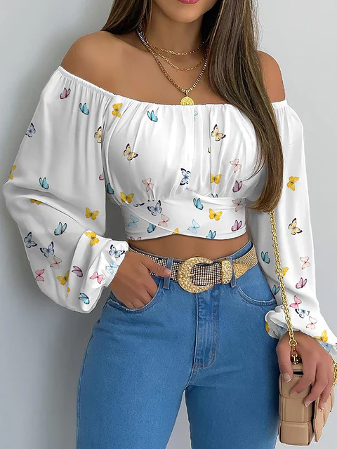 Women's boho crop top off-shoulder elastic neckline long sleeves pleated chest casual style