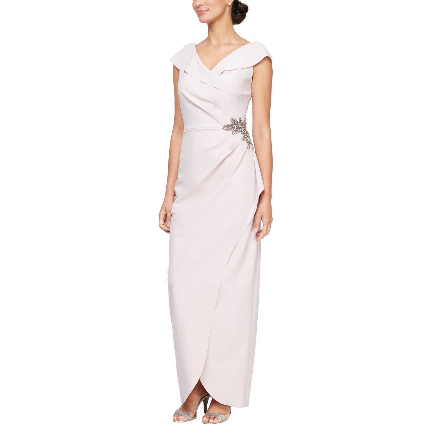 Sleeveless blush navy sheath gown with portrait collar, embellished hip and cascading tulip overlay