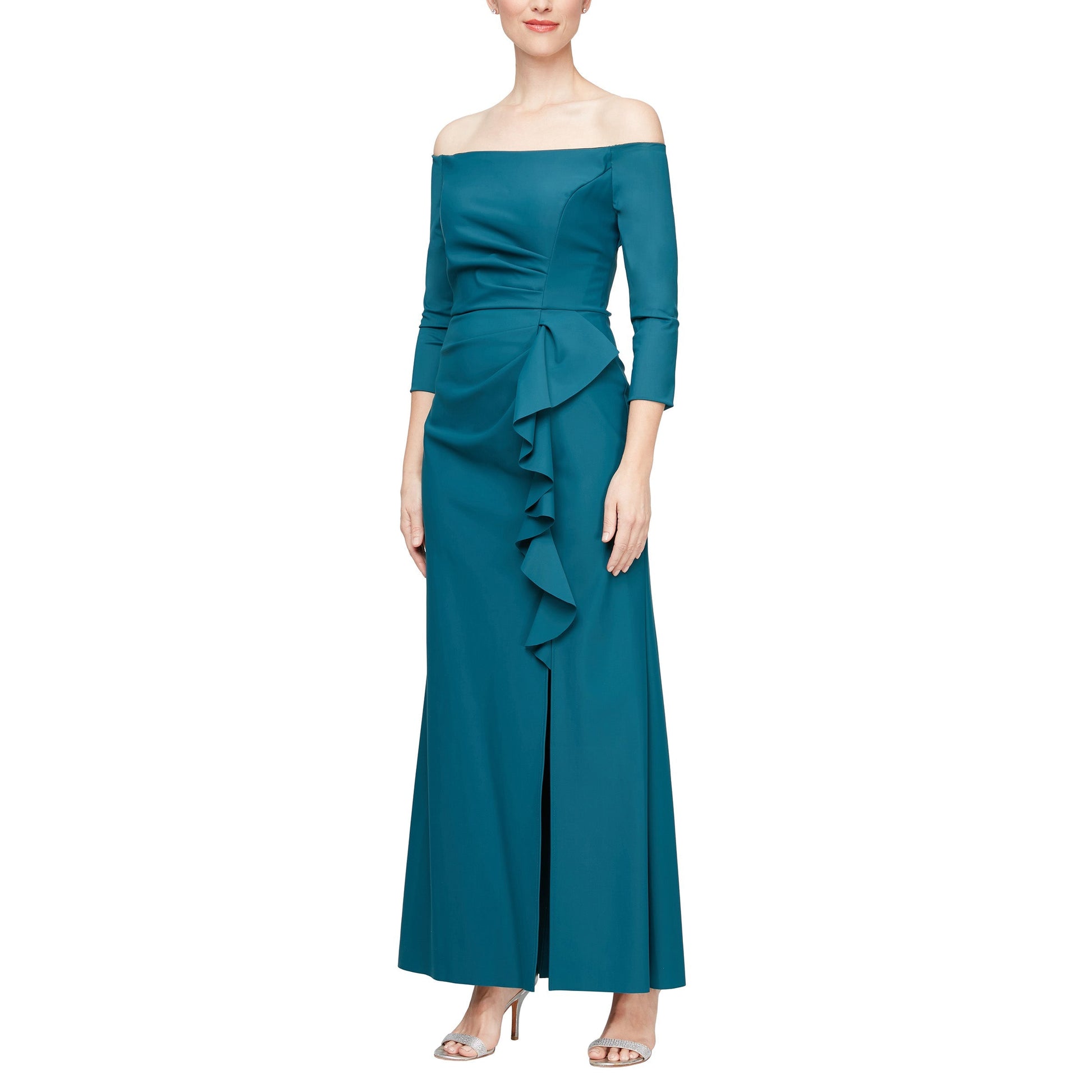 Alex Evenings long off-shoulder stretch crepe mother of bride dress with flowing cascade skirt
