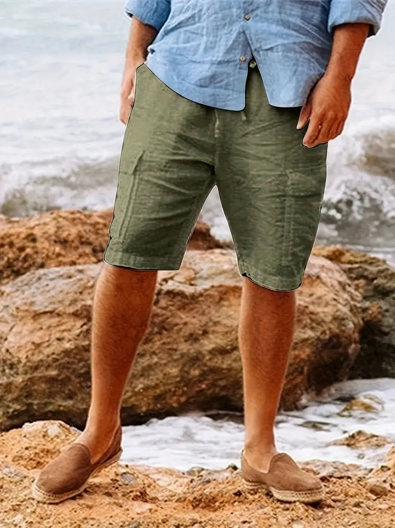 Men's khaki cotton cargo shorts relaxed fit with multiple utility pockets for outdoor activities