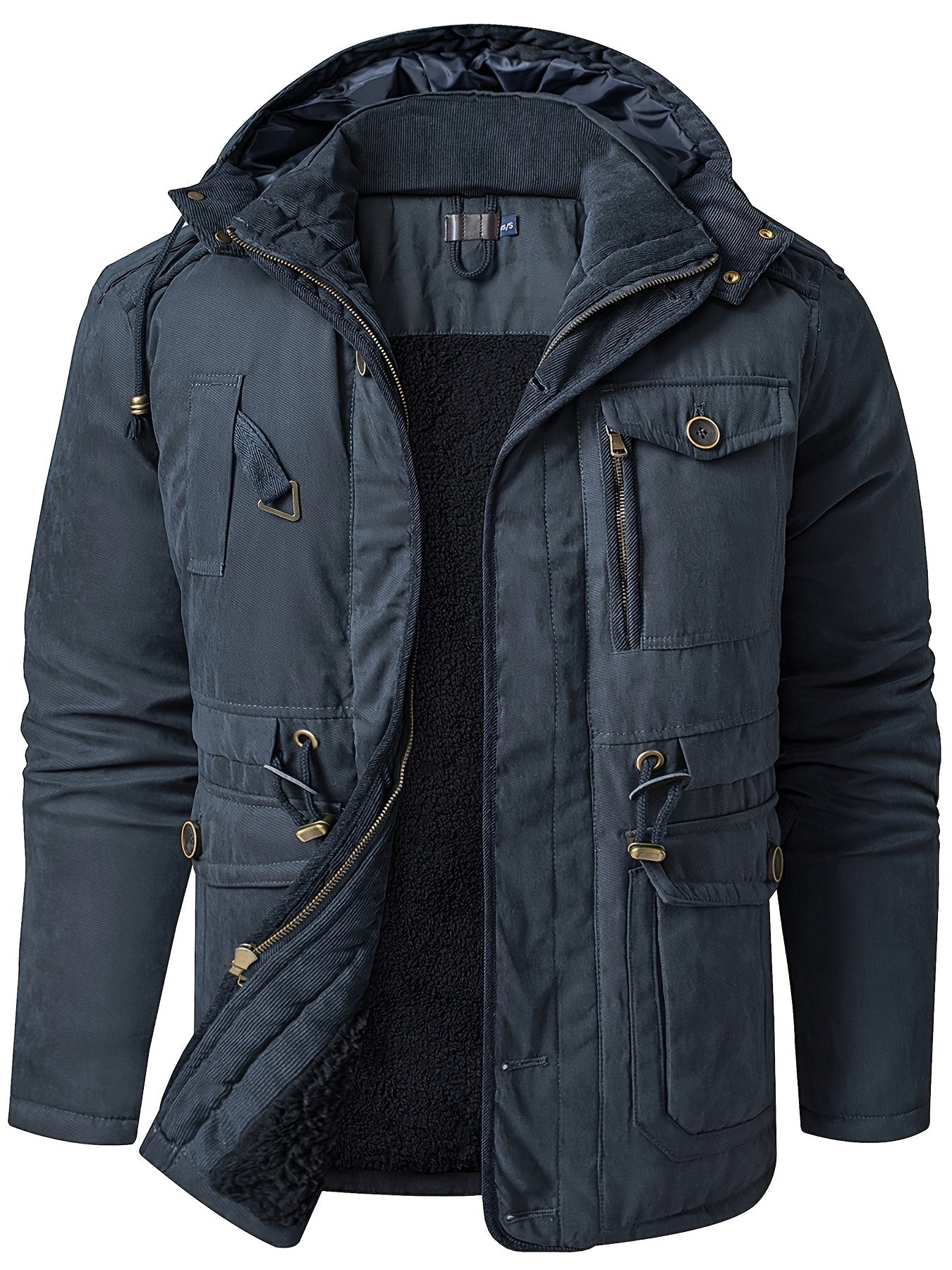 Men's thick insulated hooded utility jacket in neutral tones, rugged winter style with cozy padded interior