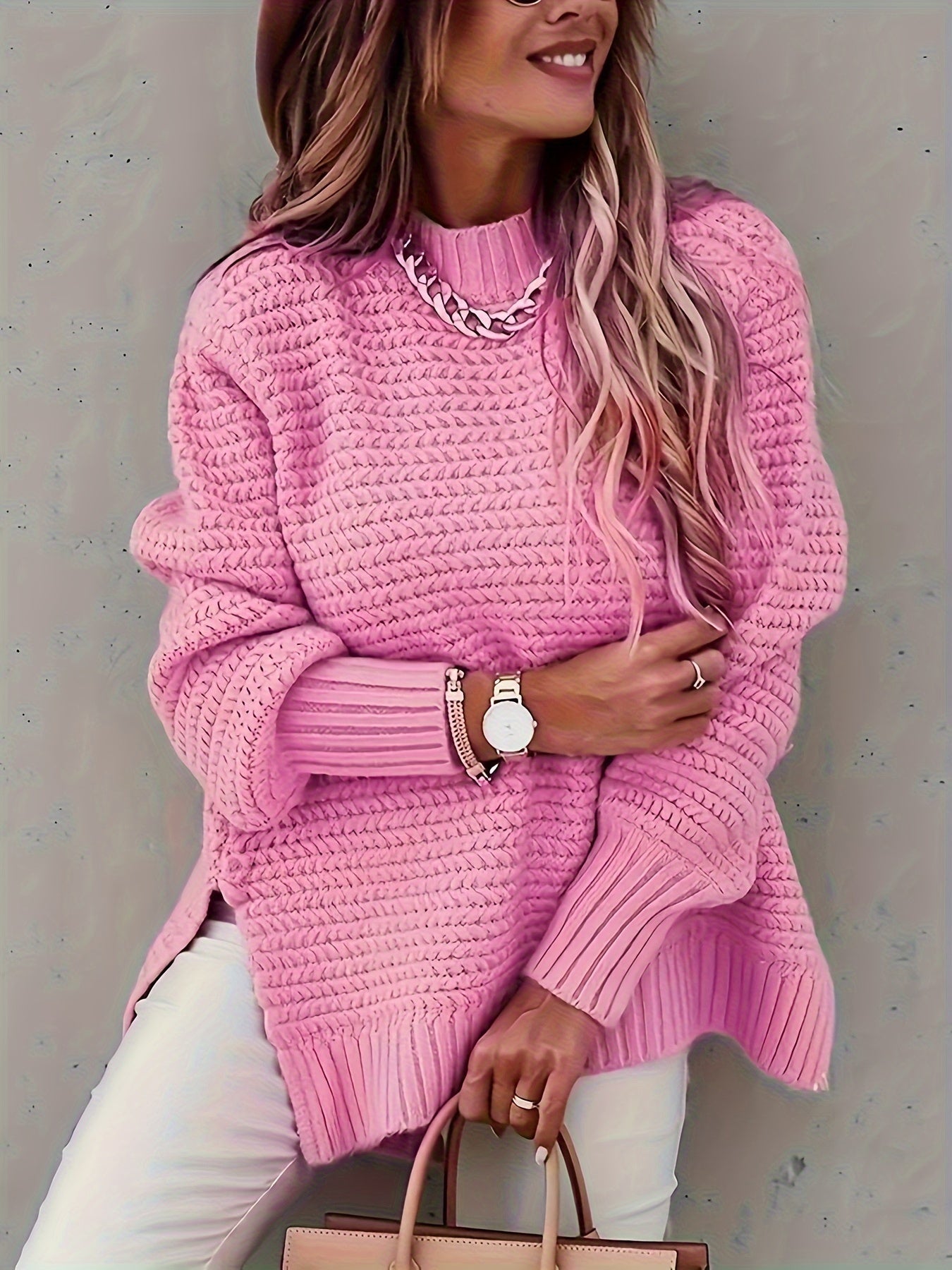 Women's chunky knit cotton pullover oversized relaxed fit with textured weave cozy cold-weather sweater