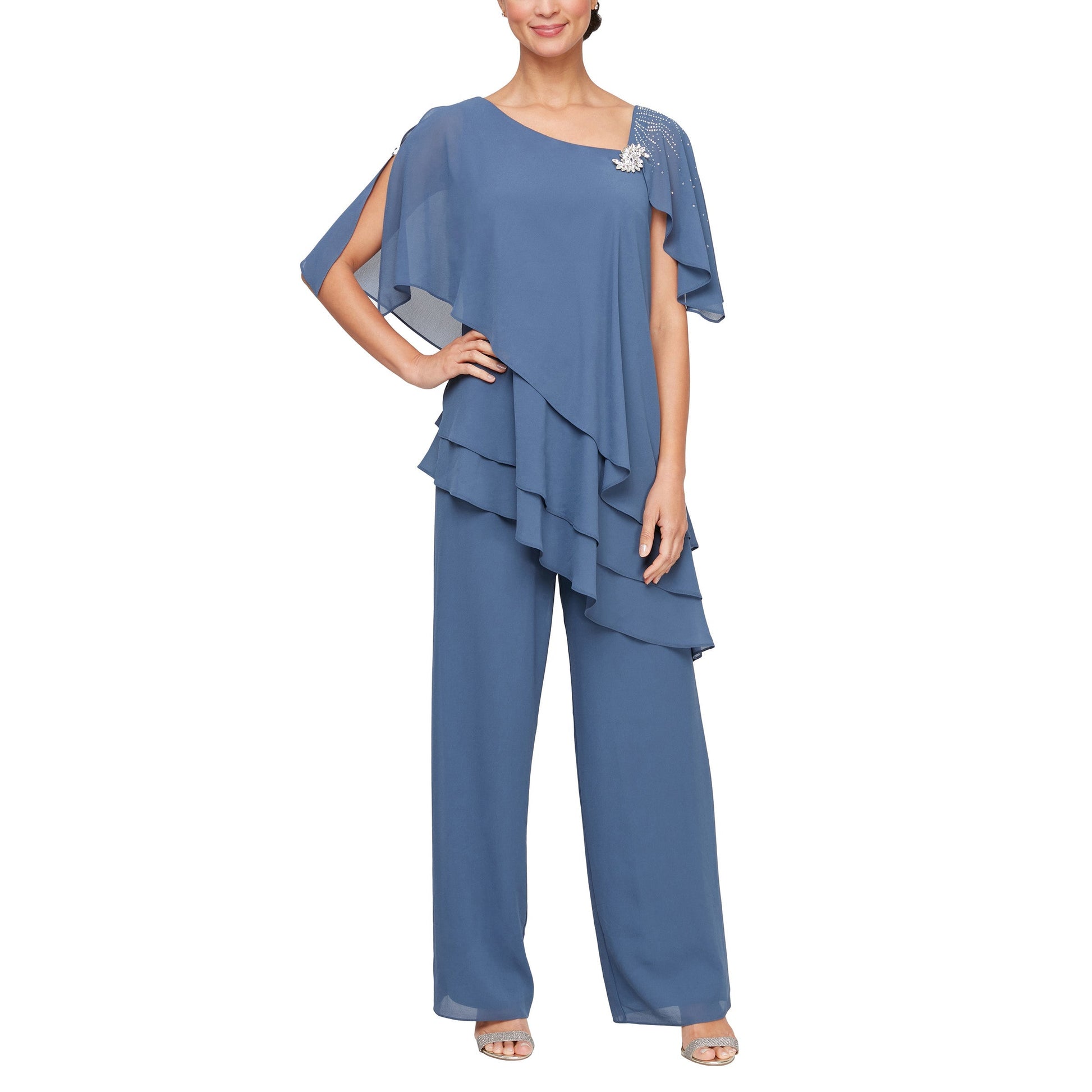 Formal mother-of-the-bride pant suit with embellished L-neckline and asymmetric triple-tier hem