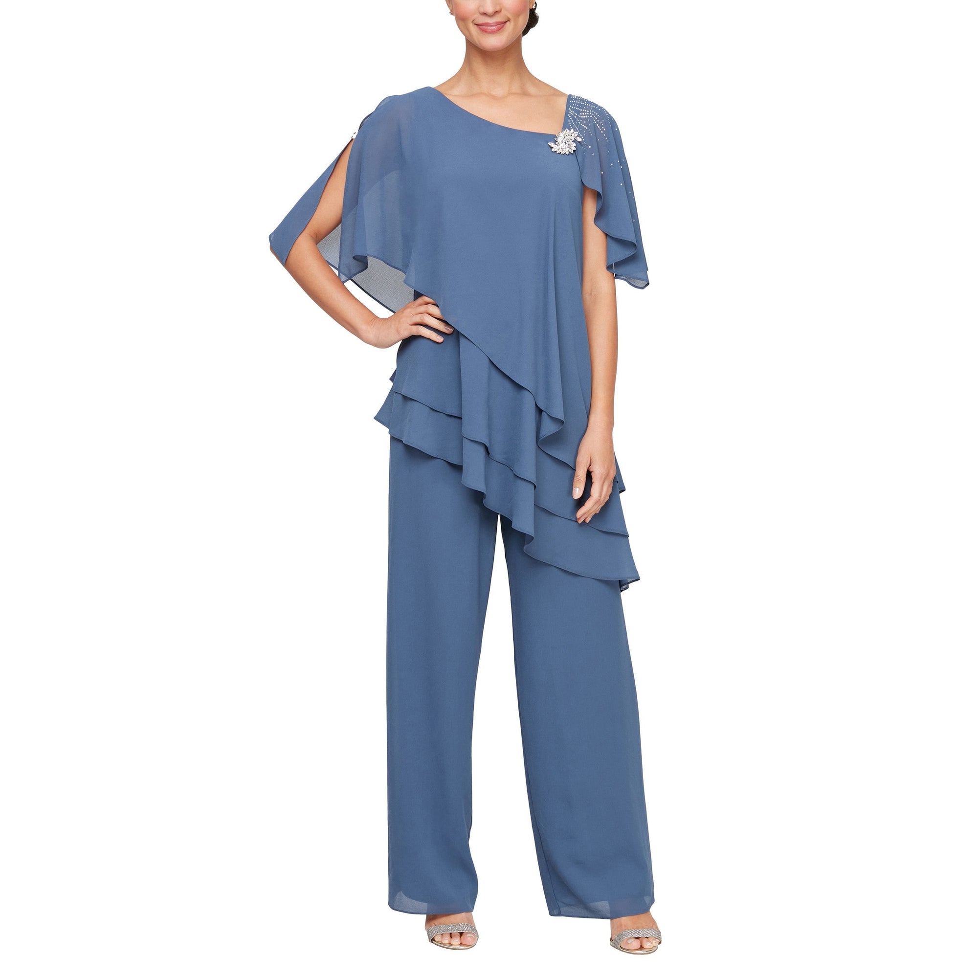 Formal mother-of-the-bride pant suit with embellished L-neckline and asymmetric triple-tier hem